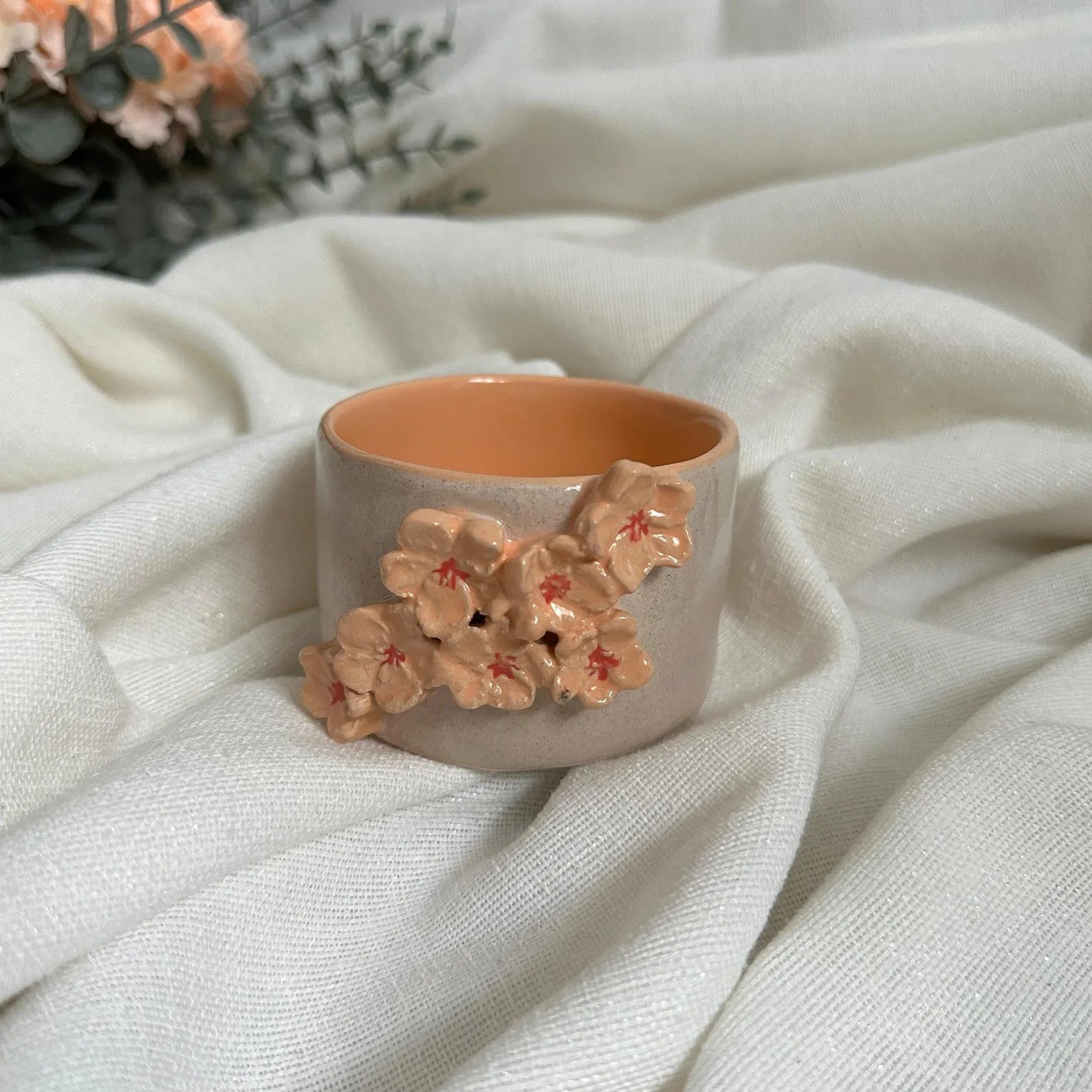 Handmade Cream & Salmon Sakura Ceramic Tumbler – 160 ml