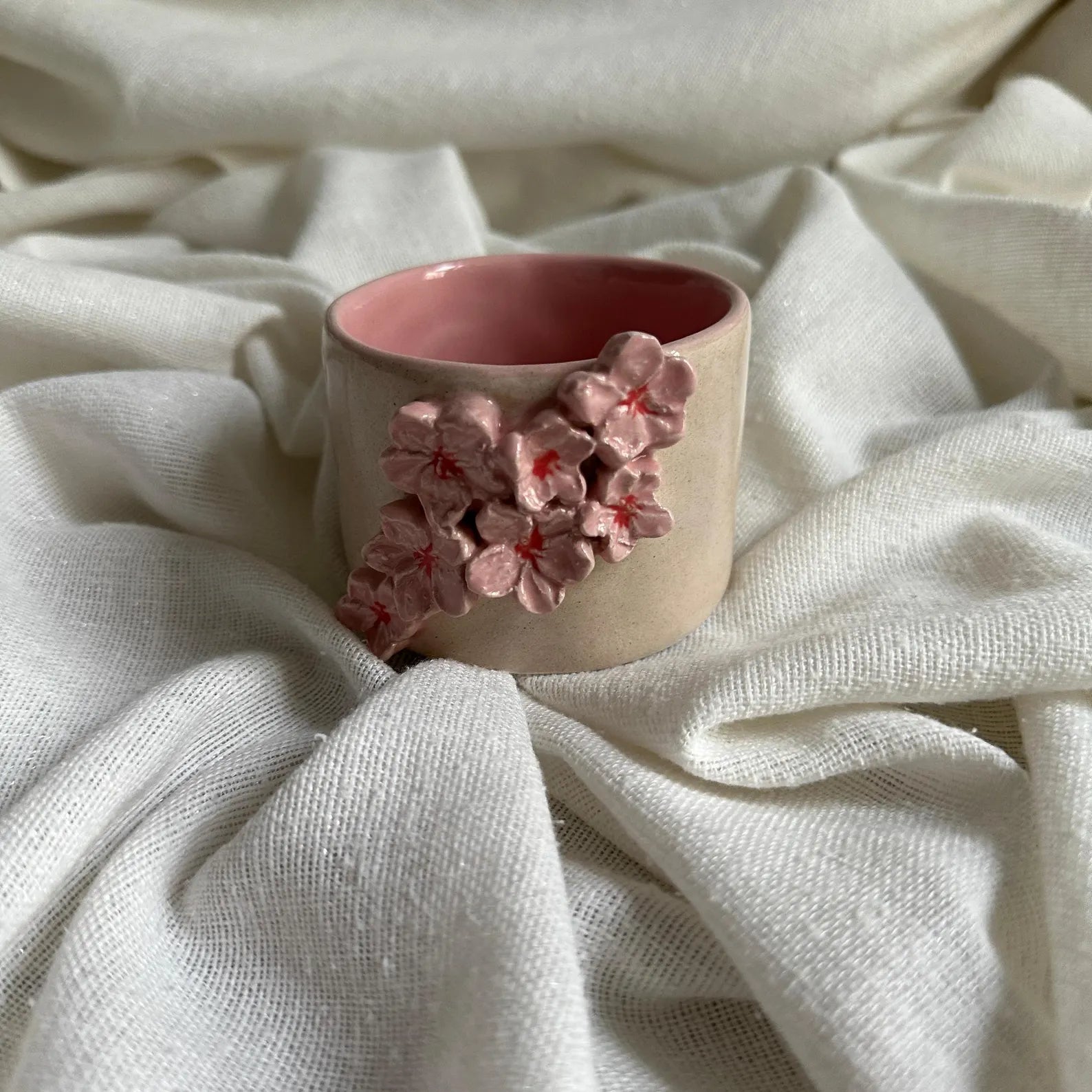Handmade Cream & Pink Sakura Ceramic Tumbler – 160 ml