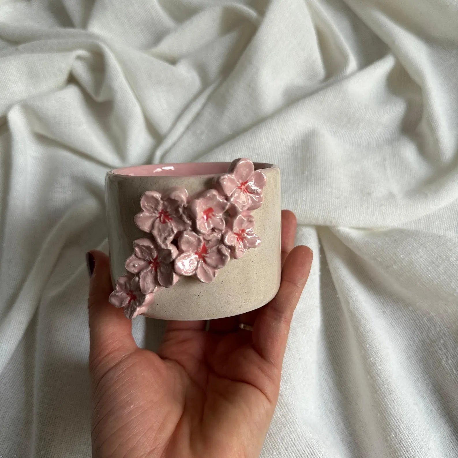 Handmade Cream & Pink Sakura Ceramic Tumbler – 160 ml