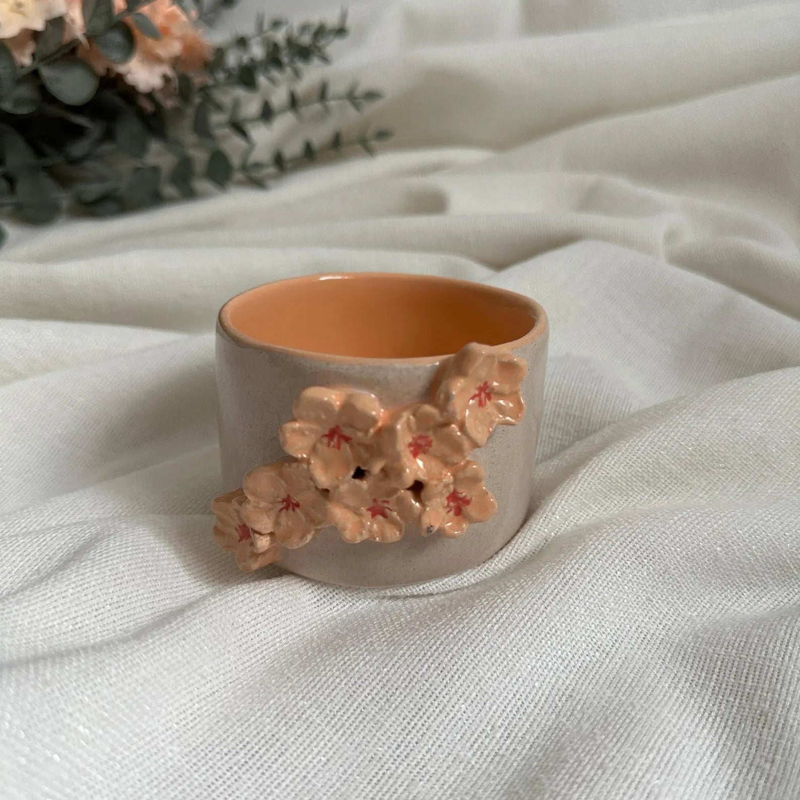 Handmade Cream & Salmon Sakura Ceramic Tumbler – 160 ml
