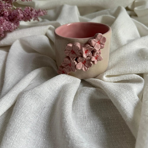 Handmade Cream & Pink Sakura Ceramic Tumbler – 160 ml