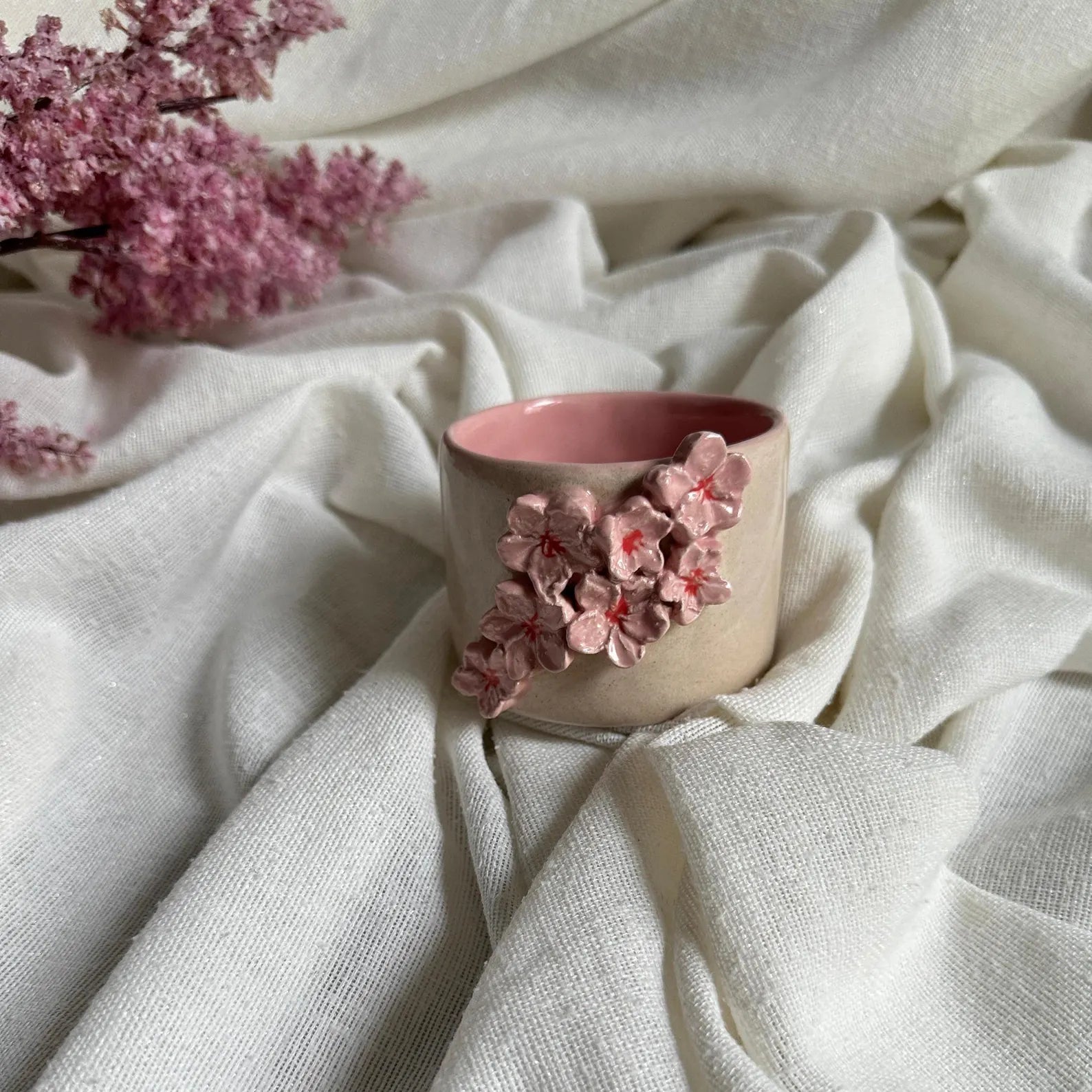 Handmade Cream & Pink Sakura Ceramic Tumbler – 160 ml