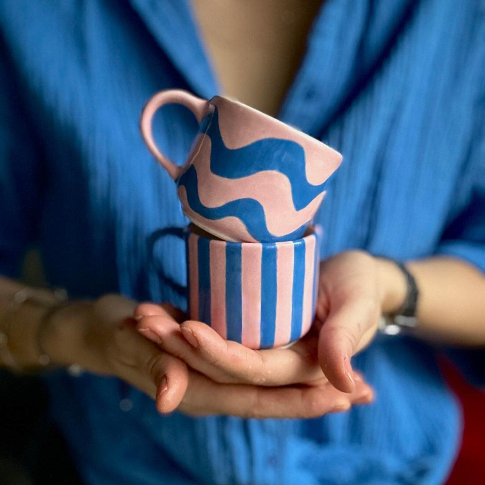 Handmade Pink &  Blue Wave Ceramic Mug – 150 ml